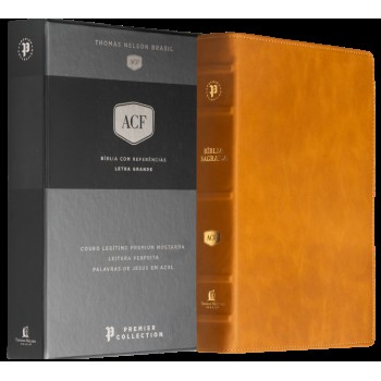 Bíblia Ac, Couro Legítimo Mostarda, Letra Grande, Leitura Perfeita, Premier Collection | Com Letras De Jesus Em Azul E Referências Cruzadas