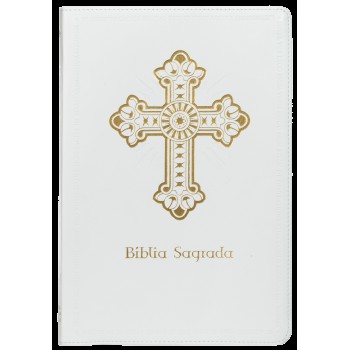 Bíblia Sagrada Católica, Letra Grande, Cruz, Couro-soft Branca, Leitura Perfeita